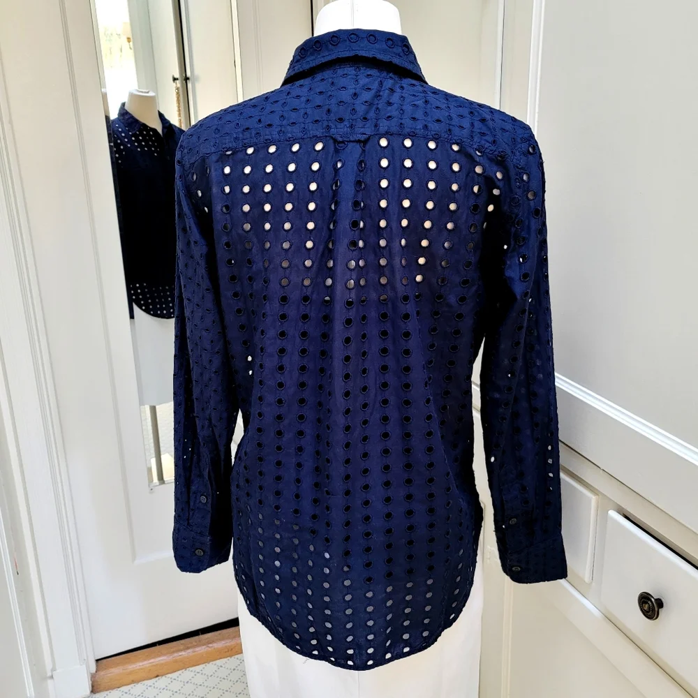 New! J. Crew sz 8 Classic Fit Eyelet Button Up Navy Blue Shirt Top NWT